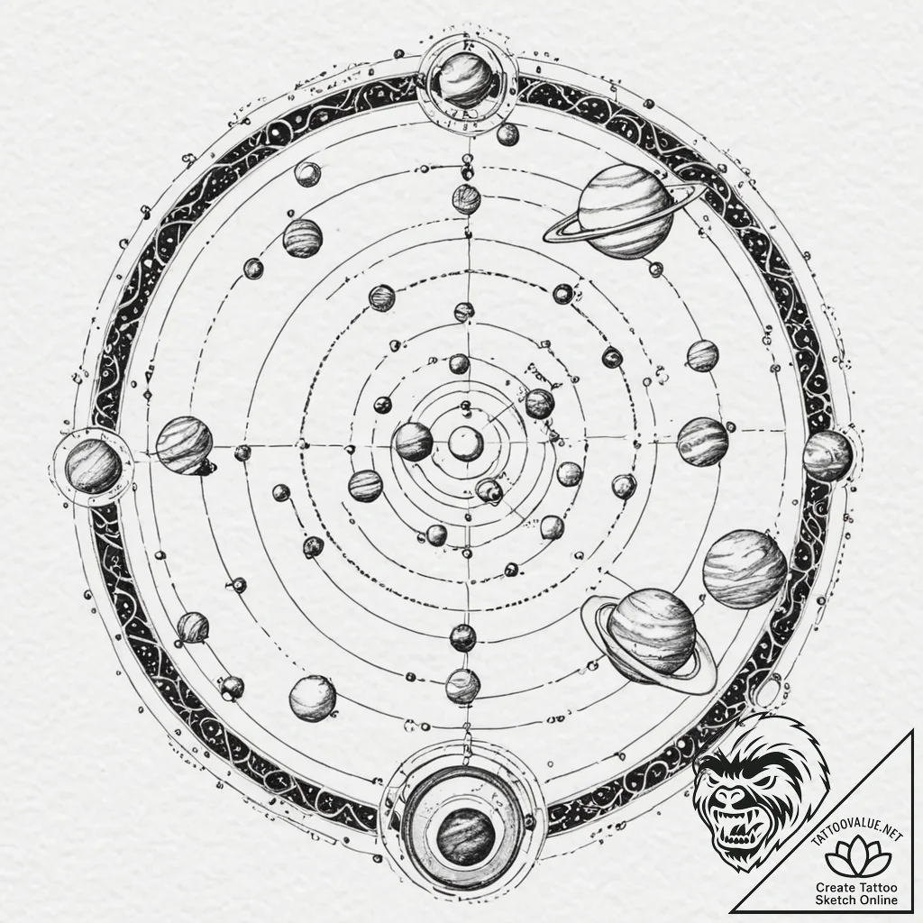 Orrery (model of the solar system) with plane... - tattoo sketch (№1753202724_0, 22.07.2025 16:45) — tattoovalue.net