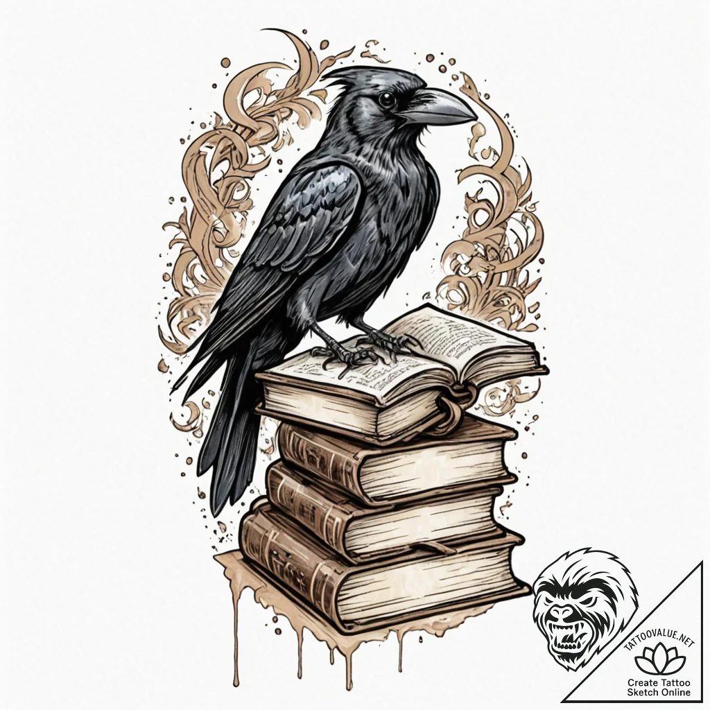 Alchemist crow perched on book, ink illustrat... - tattoo sketch (№1753203652_0, 22.07.2025 17:00) — tattoovalue.net