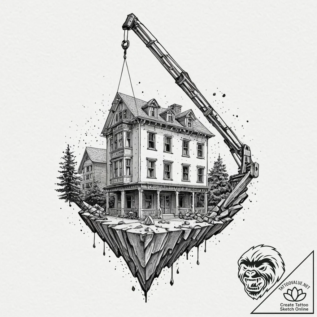Wrecking ball demolishing a classical, beauti... - tattoo sketch (№1753203908_0, 22.07.2025 17:05) — tattoovalue.net