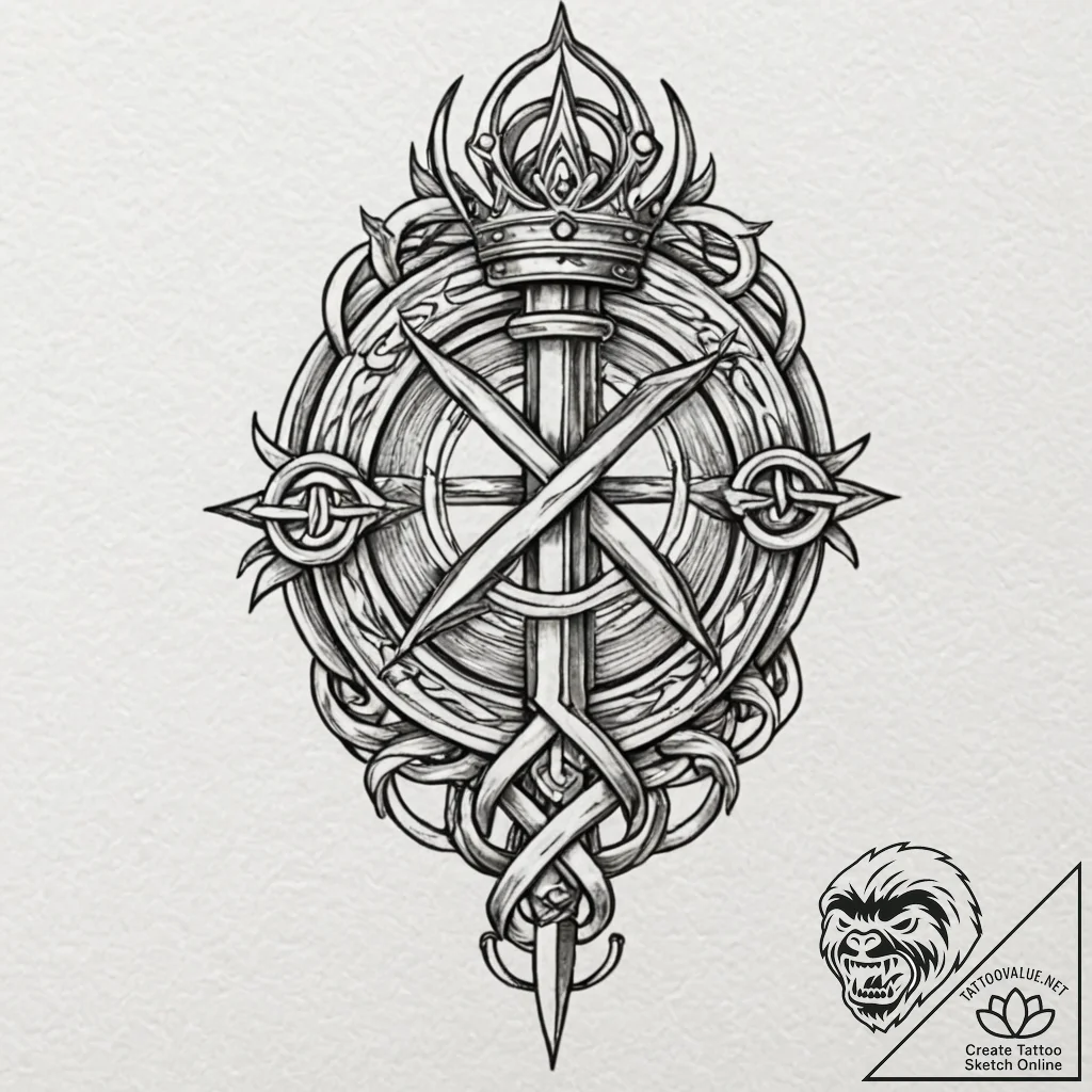 Knotwork blade crowned in bone, tattoo drawin... - tattoo sketch (№1753203992_0, 22.07.2025 17:06) — tattoovalue.net