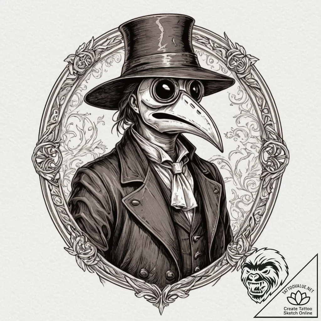 Plague doctor beneath crimson sky, tattoo lin... - tattoo sketch (№1753204078_0, 22.07.2025 17:07) — tattoovalue.net