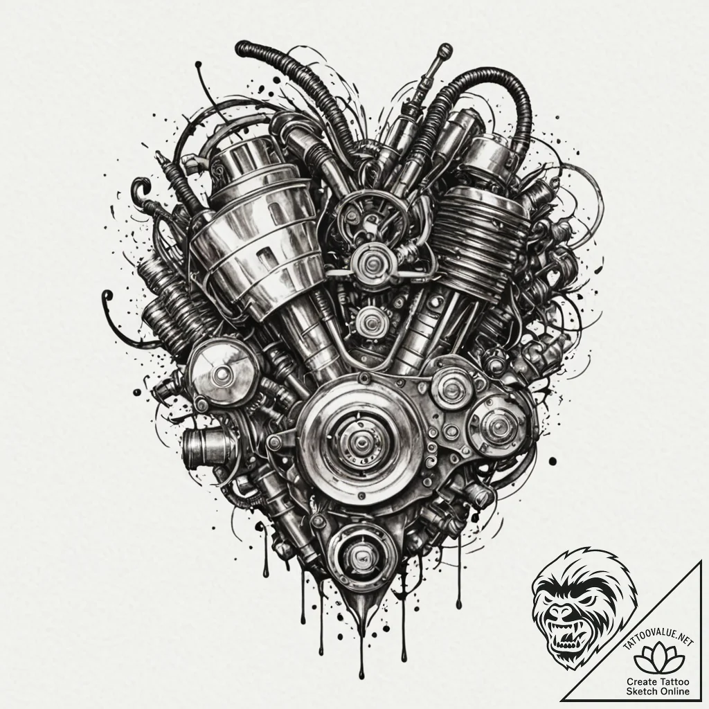 Motorcycle engine morphing into a beast's hea... - tattoo sketch (№1753204583_0, 22.07.2025 17:16) — tattoovalue.net