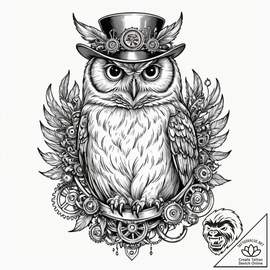 Steampunk owl with gear-feathers, ink illustr... - tattoo sketch (№1753204670_0, 22.07.2025 17:17) — tattoovalue.net