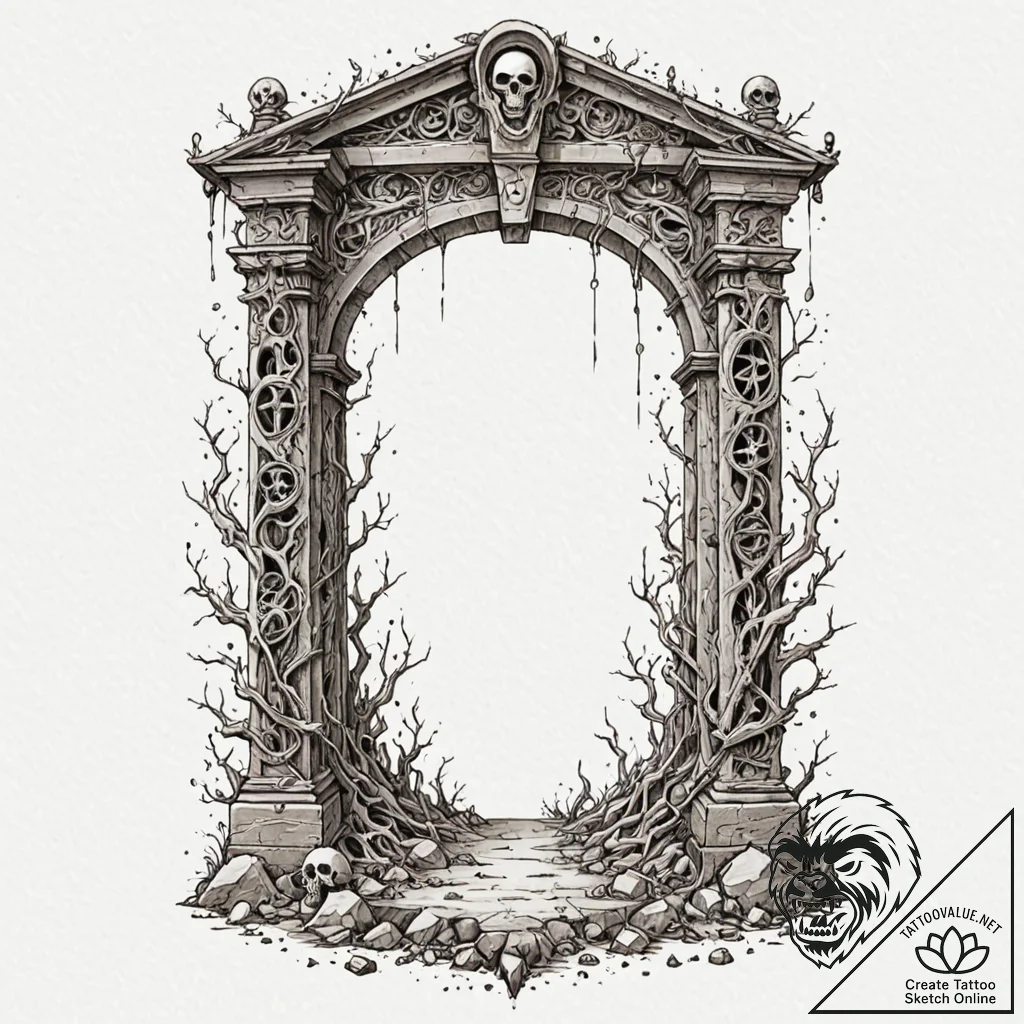 Pillar of bones beneath celestial gate, tatto... - tattoo sketch (№1753204753_0, 22.07.2025 17:19) — tattoovalue.net