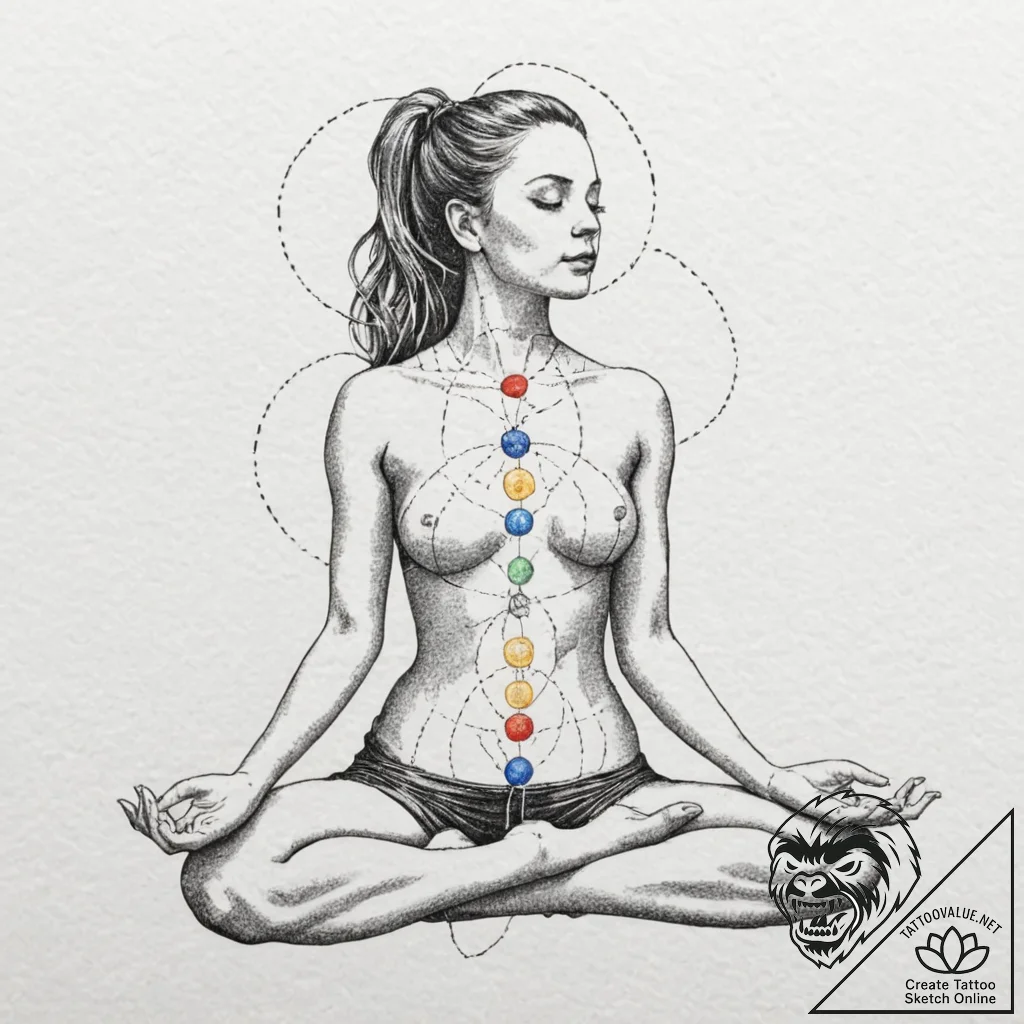 Yoga pose silhouette, with the chakras glowin... - tattoo sketch (№1753205006_0, 22.07.2025 17:23) — tattoovalue.net