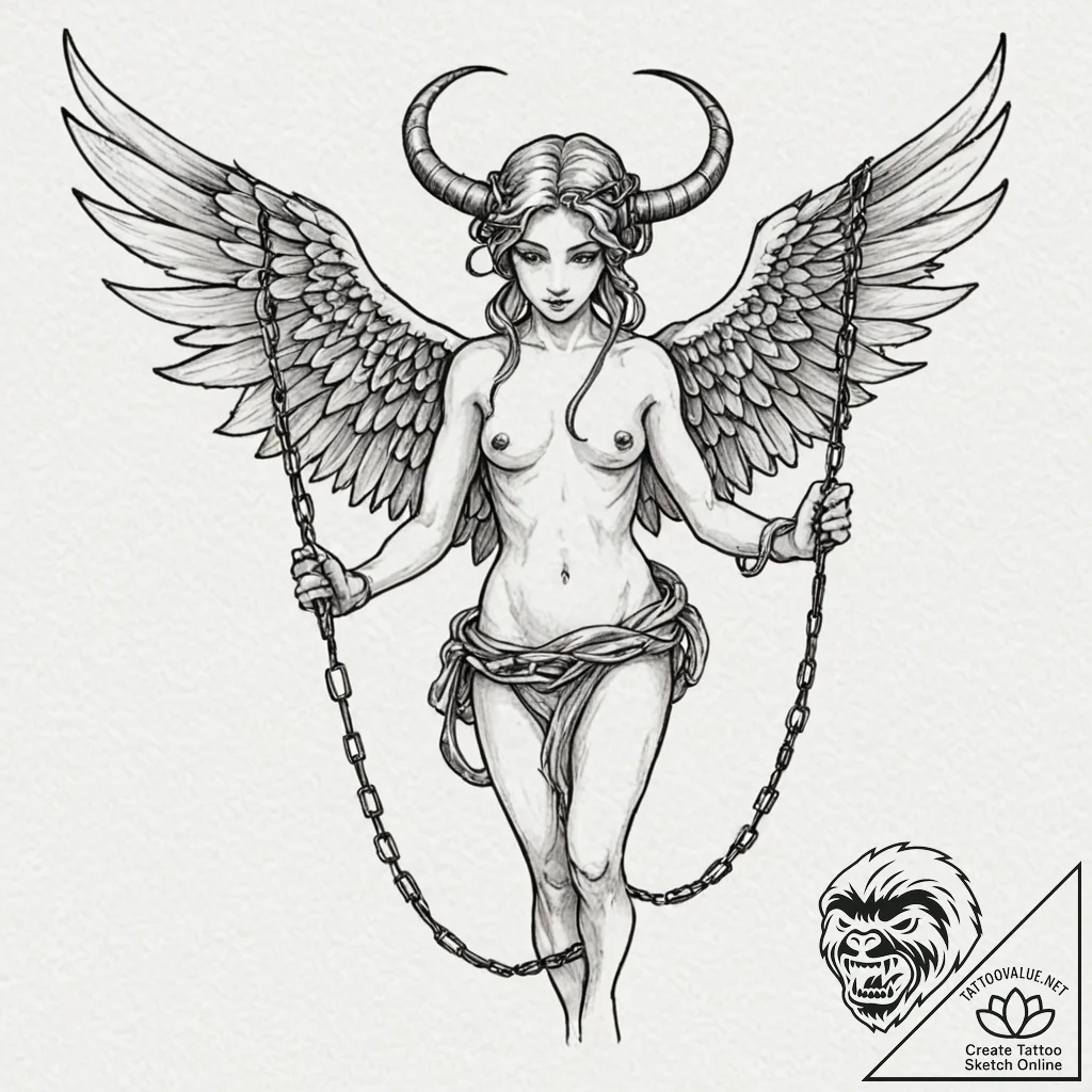 Angelic chains binding demon, artistic tattoo... - tattoo sketch (№1753205429_0, 22.07.2025 17:30) — tattoovalue.net