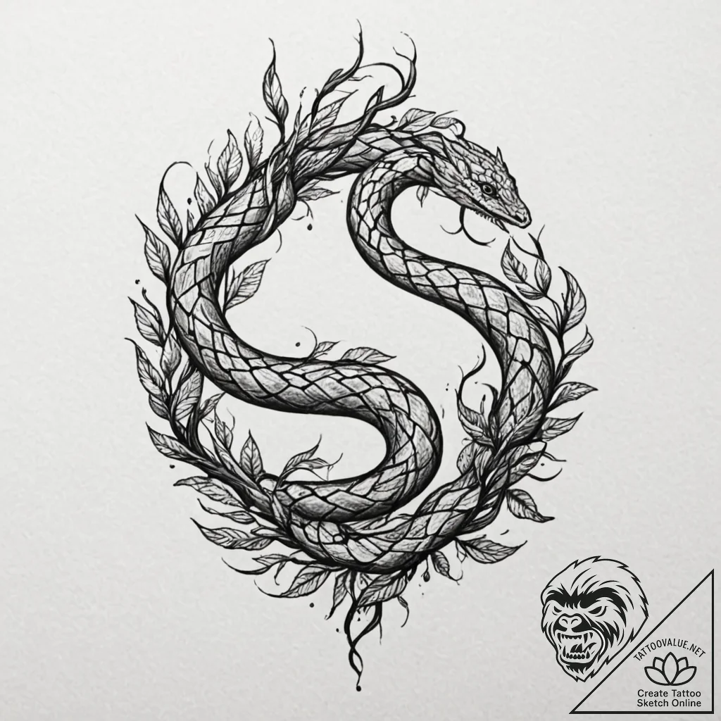 Ashen serpent entangled in roots, tattoo line... - tattoo sketch (№1753205599_0, 22.07.2025 17:33) — tattoovalue.net