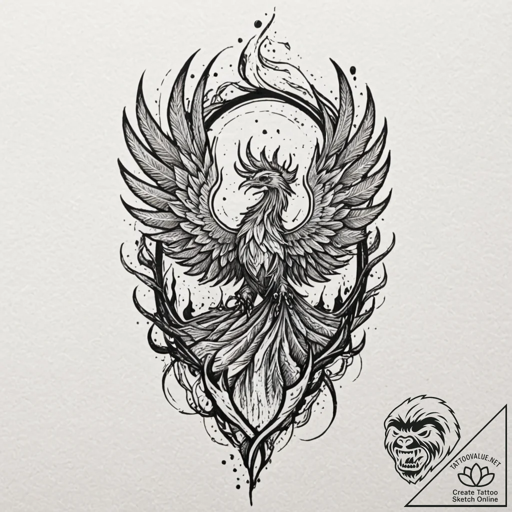Phoenix shadow through shattered spire, tatto... - tattoo sketch (№1753206275_0, 22.07.2025 17:44) — tattoovalue.net
