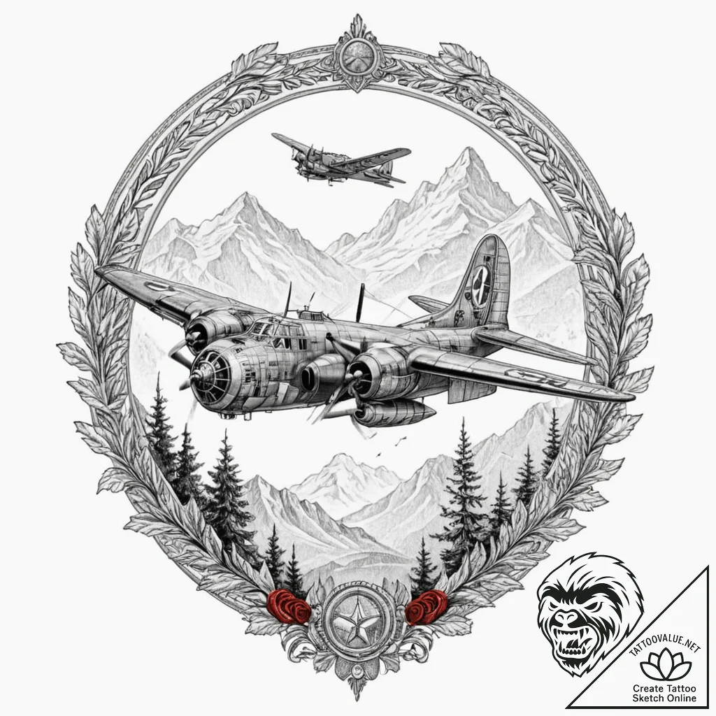 Lancaster bomber from wwii on a bombing run,... - tattoo sketch (№1753206698_0, 22.07.2025 17:51) — tattoovalue.net