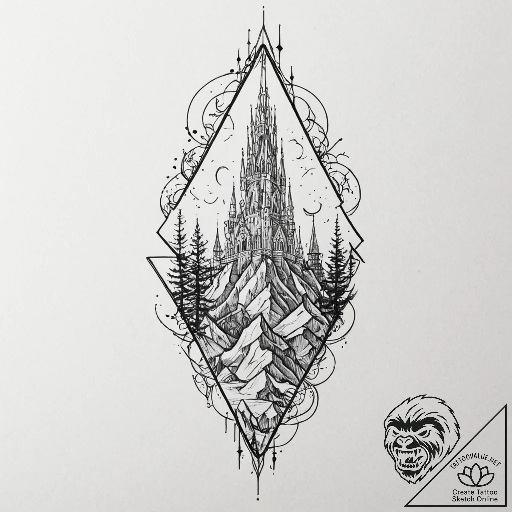 Riftborn relic beneath shattered spire, tatto... - tattoo sketch (№1753206782_0, 22.07.2025 17:53) — tattoovalue.net