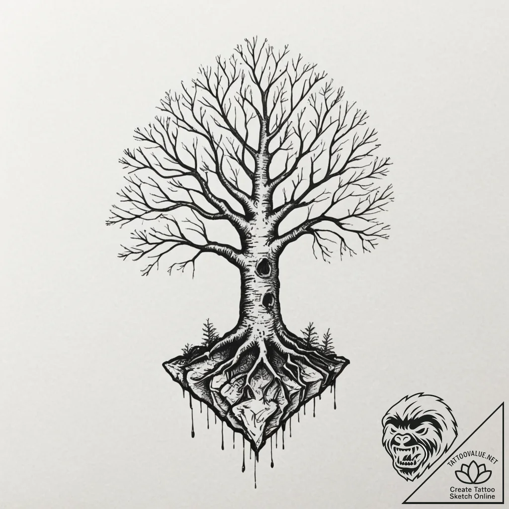 Unmarked tomb beneath spectral roots, tattoo... - tattoo sketch (№1753207289_0, 22.07.2025 18:01) — tattoovalue.net