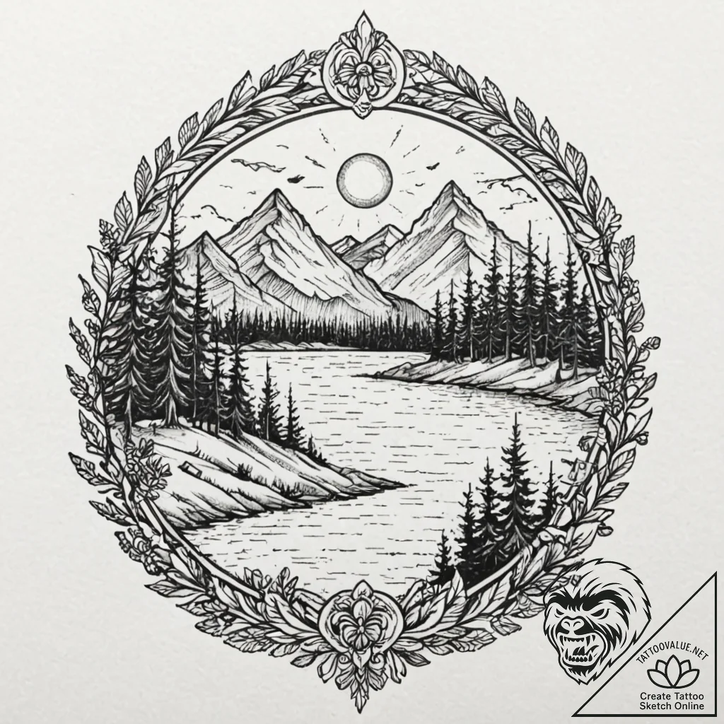 Layered landscape, mountains, forest, lake, m... - tattoo sketch (№1753207542_0, 22.07.2025 18:05) — tattoovalue.net