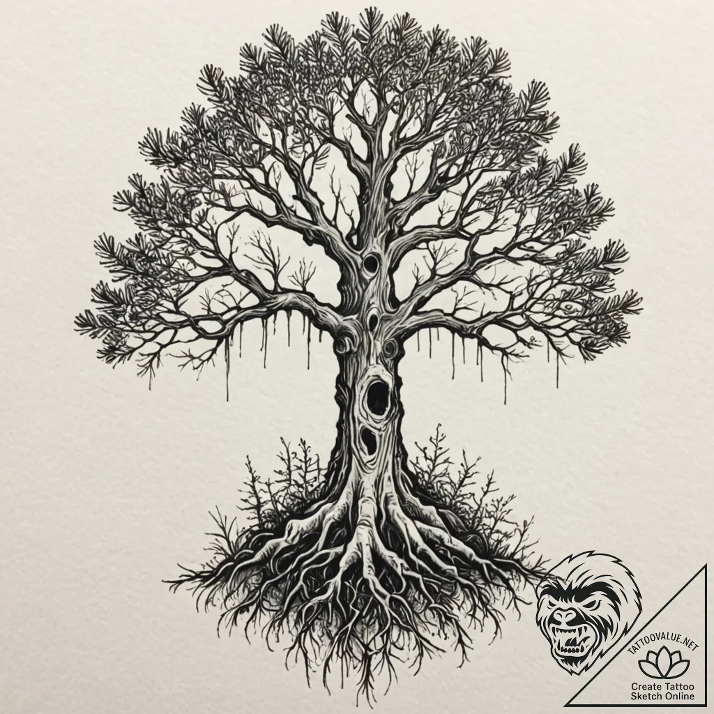 Pine tree with skeletal roots, ink illustrati... - tattoo sketch (№1753208050_0, 22.07.2025 18:14) — tattoovalue.net
