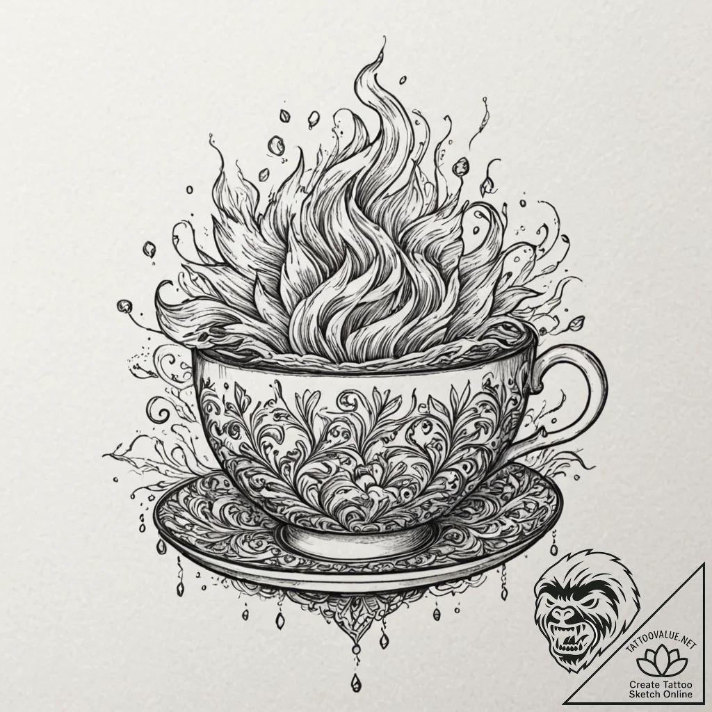 Tea cup with a storm brewing inside, ink illu... - tattoo sketch (№1753208473_0, 22.07.2025 18:21) — tattoovalue.net