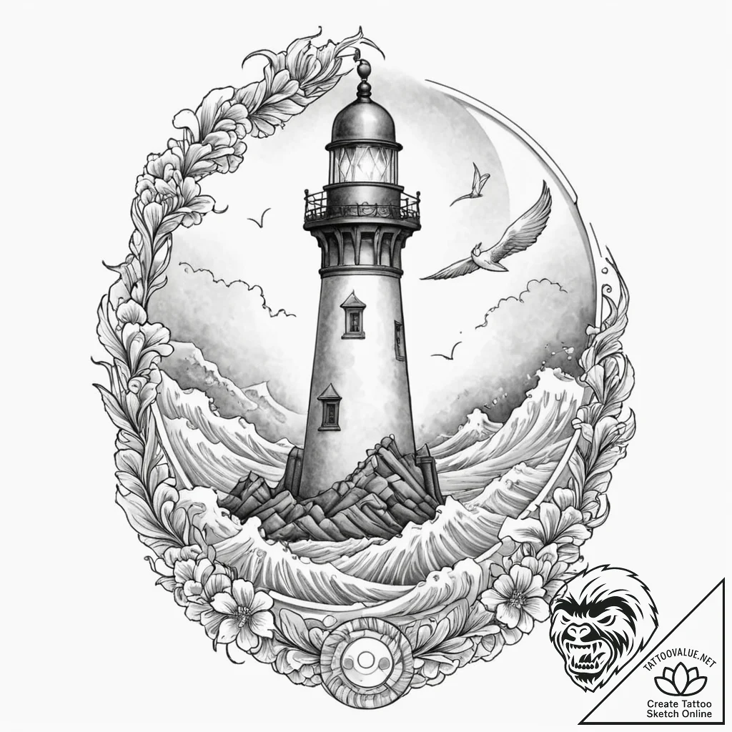 Lighthouse eye watching from fog, concept art... - tattoo sketch (№1753209058_0, 22.07.2025 18:30) — tattoovalue.net