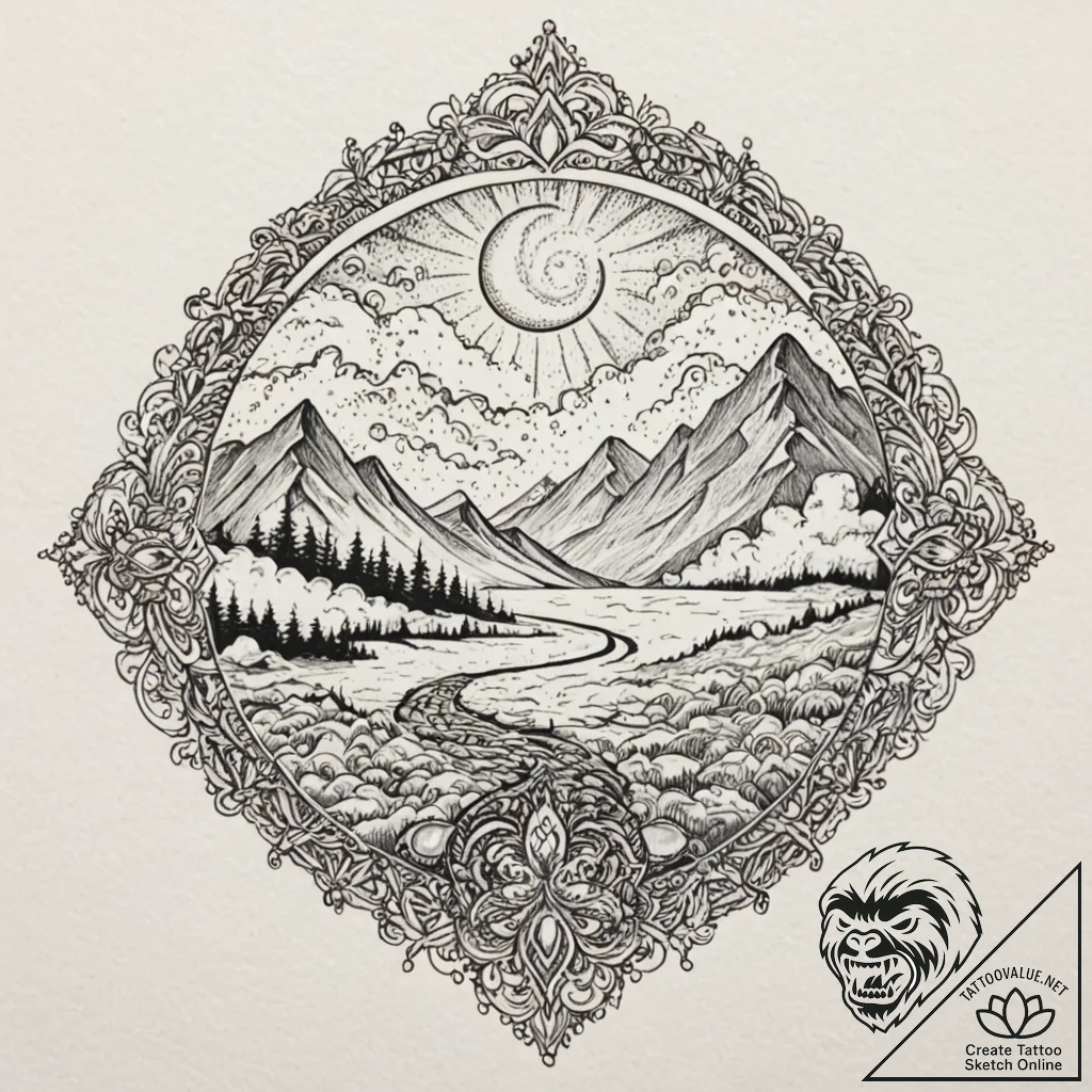 Opal path beneath spectral clouds, ink illust... - tattoo sketch (№1753209367_0, 22.07.2025 18:36) — tattoovalue.net