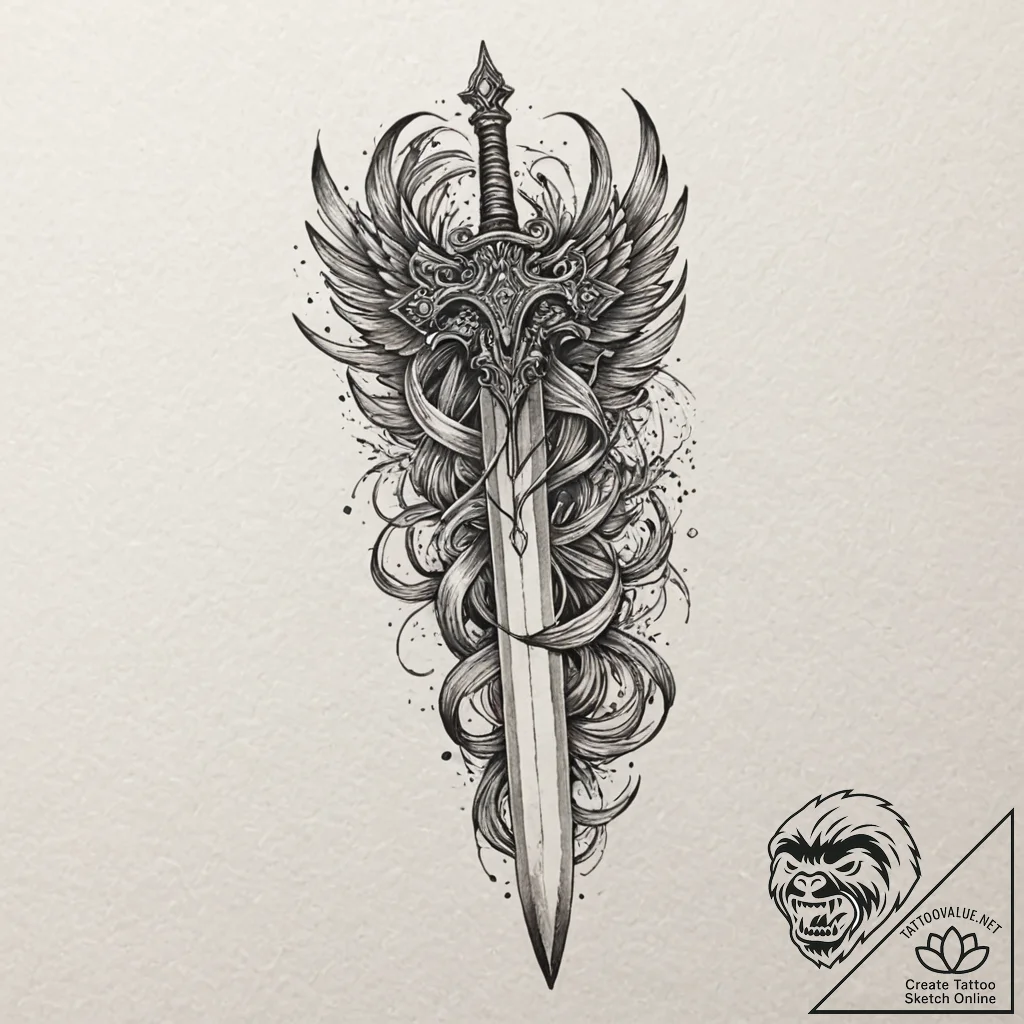 Feathered dagger with runic hilt, tattoo sket... - tattoo sketch (№1753209444_0, 22.07.2025 18:37) — tattoovalue.net
