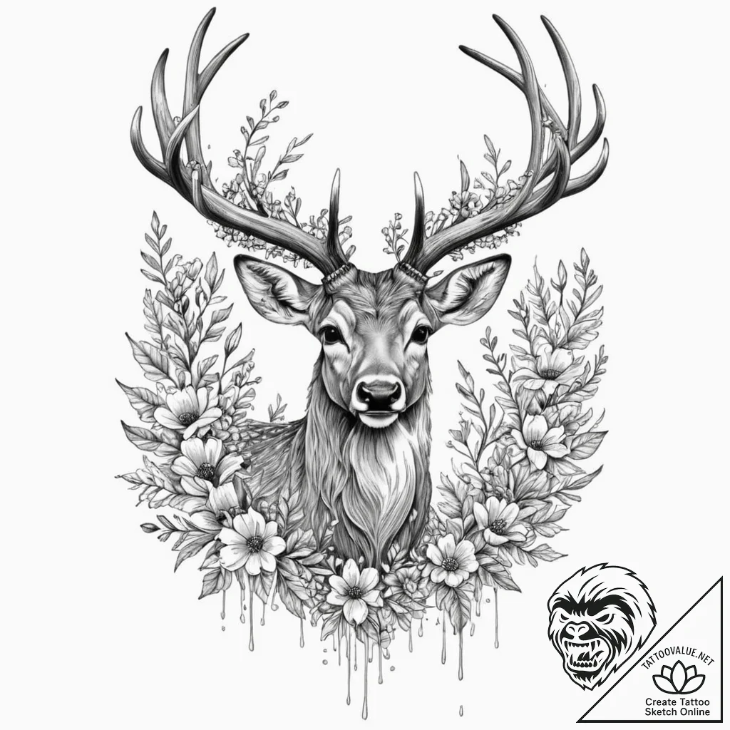 Deer with antlers that bloom with seasonal fl... - tattoo sketch (№1753209908_0, 22.07.2025 18:45) — tattoovalue.net