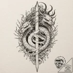 Haunted blade beneath shattered spire, tattoo… – tattoo sketch (№1753210215_0, 22.07.2025 18:50) — tattoovalue.net