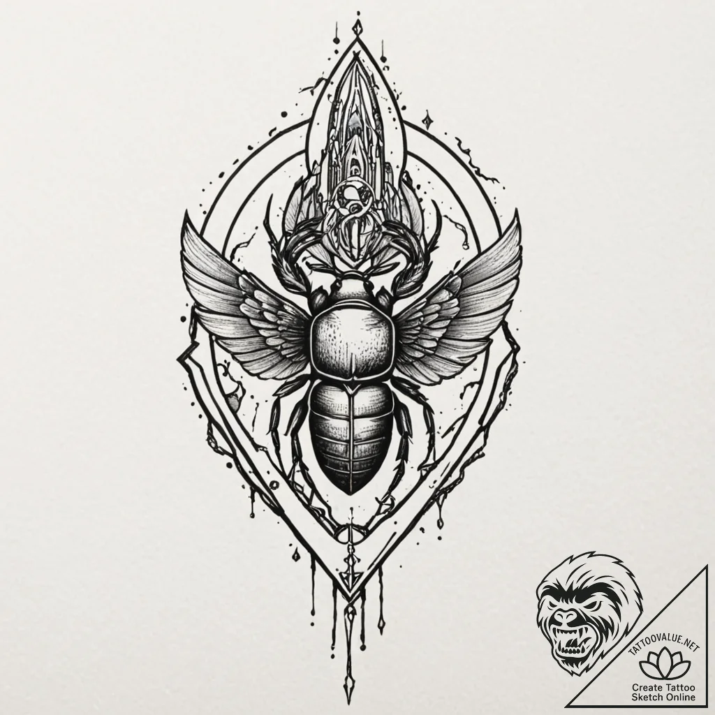 Scarab relic beneath shattered spire, tattoo... - tattoo sketch (№1753210292_0, 22.07.2025 18:51) — tattoovalue.net