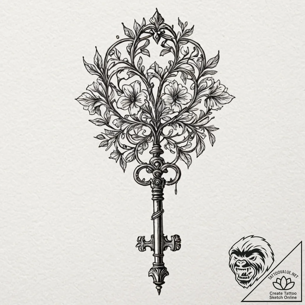Quartz vine binding ancient key, tattoo sketc... - tattoo sketch (№1753211374_0, 22.07.2025 19:09) — tattoovalue.net