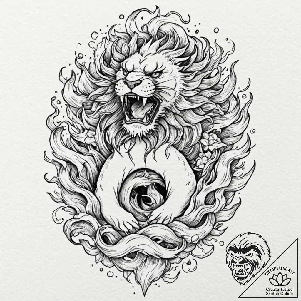 Arcane lion roaring flames, artistic tattoo s... - tattoo sketch (№1753212302_0, 22.07.2025 19:25) — tattoovalue.net