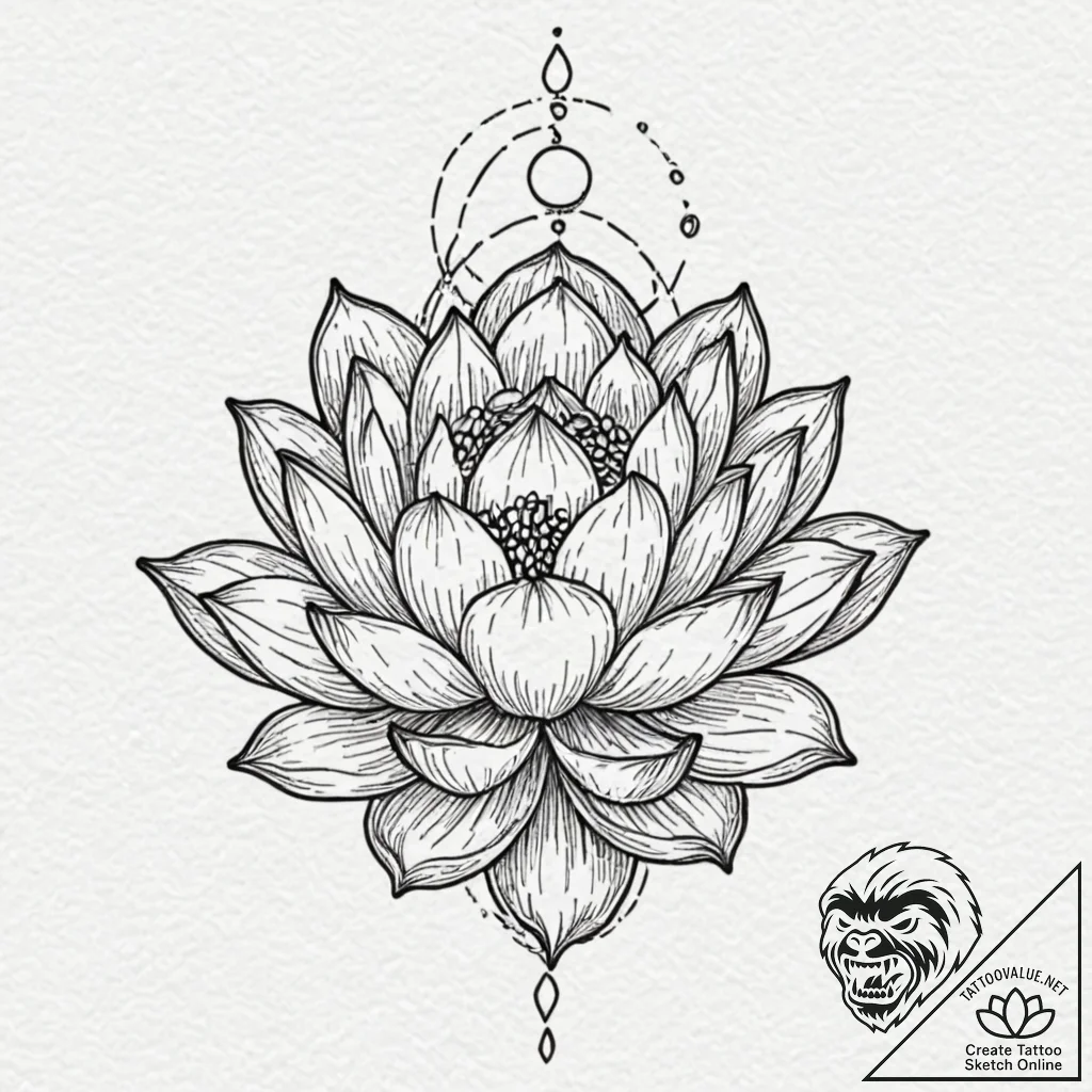 Blooming lotus with a crescent moon resting o... - tattoo sketch (№1753213474_0, 22.07.2025 19:44) — tattoovalue.net