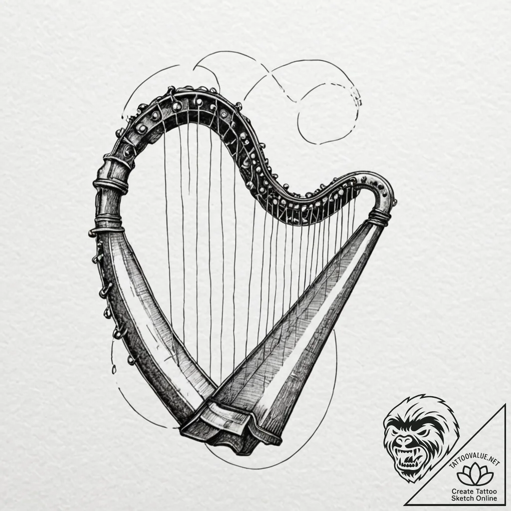 Broken harp missing strings, artistic tattoo... - tattoo sketch (№1753213558_0, 22.07.2025 19:45) — tattoovalue.net