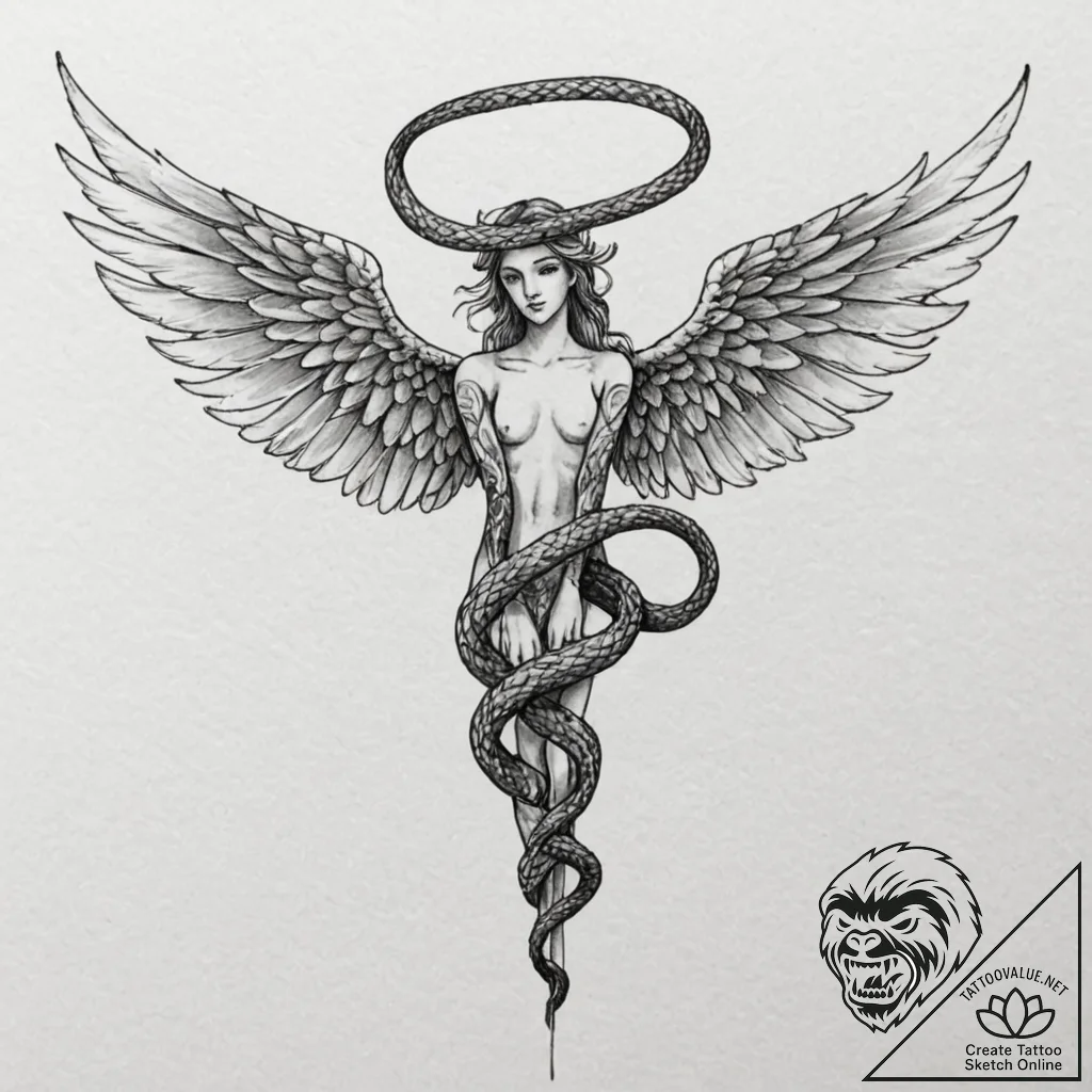 Angel snake with feathered wings, artistic ta... - tattoo sketch (№1753214067_0, 22.07.2025 19:54) — tattoovalue.net