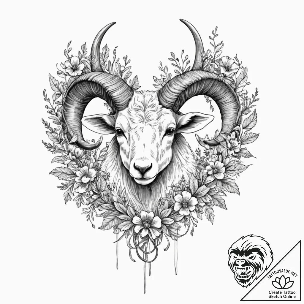 Ram's horns decorated with wildflowers and ri... - tattoo sketch (№1753214987_0, 22.07.2025 20:09) — tattoovalue.net