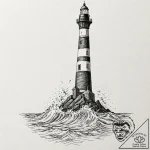 Lighthouse collapsing beneath waves, ink illu… – tattoo sketch (№1753215424_0, 22.07.2025 20:17) — tattoovalue.net