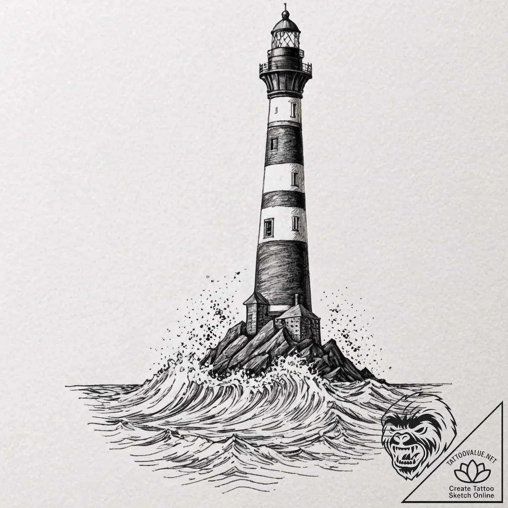 Lighthouse collapsing beneath waves, ink illu... - tattoo sketch (№1753215424_0, 22.07.2025 20:17) — tattoovalue.net