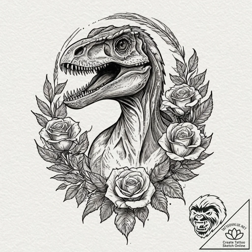 Velociraptor with feathers, poised to attack,... - tattoo sketch (№1753215524_0, 22.07.2025 20:18) — tattoovalue.net