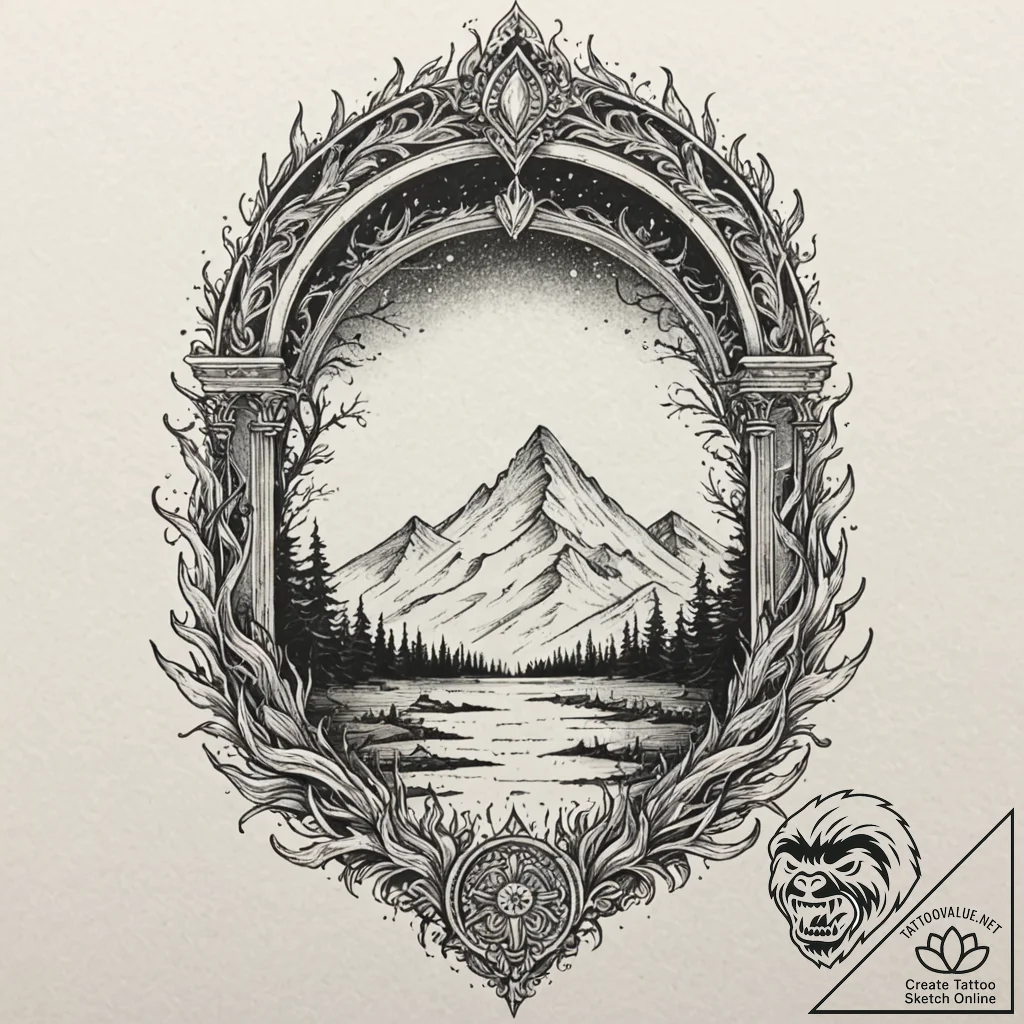 Wraith flame beneath spectral arch, ink illus... - tattoo sketch (№1753216132_0, 22.07.2025 20:28) — tattoovalue.net