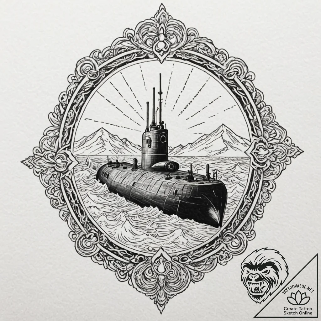 Nuclear submarine surfacing, breaking through... - tattoo sketch (№1753216979_0, 22.07.2025 20:42) — tattoovalue.net