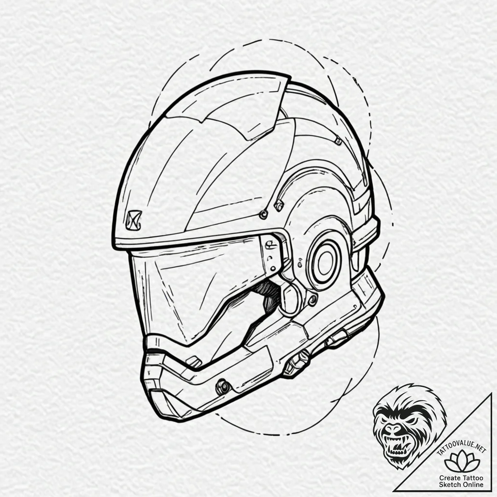 Dystopian soldier's helmet with a cracked, ho... - tattoo sketch (№1753217743_0, 22.07.2025 20:55) — tattoovalue.net