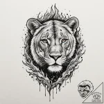 Lioness stalking through flames, ink illustra… – tattoo sketch (№1753218752_0, 22.07.2025 21:12) — tattoovalue.net