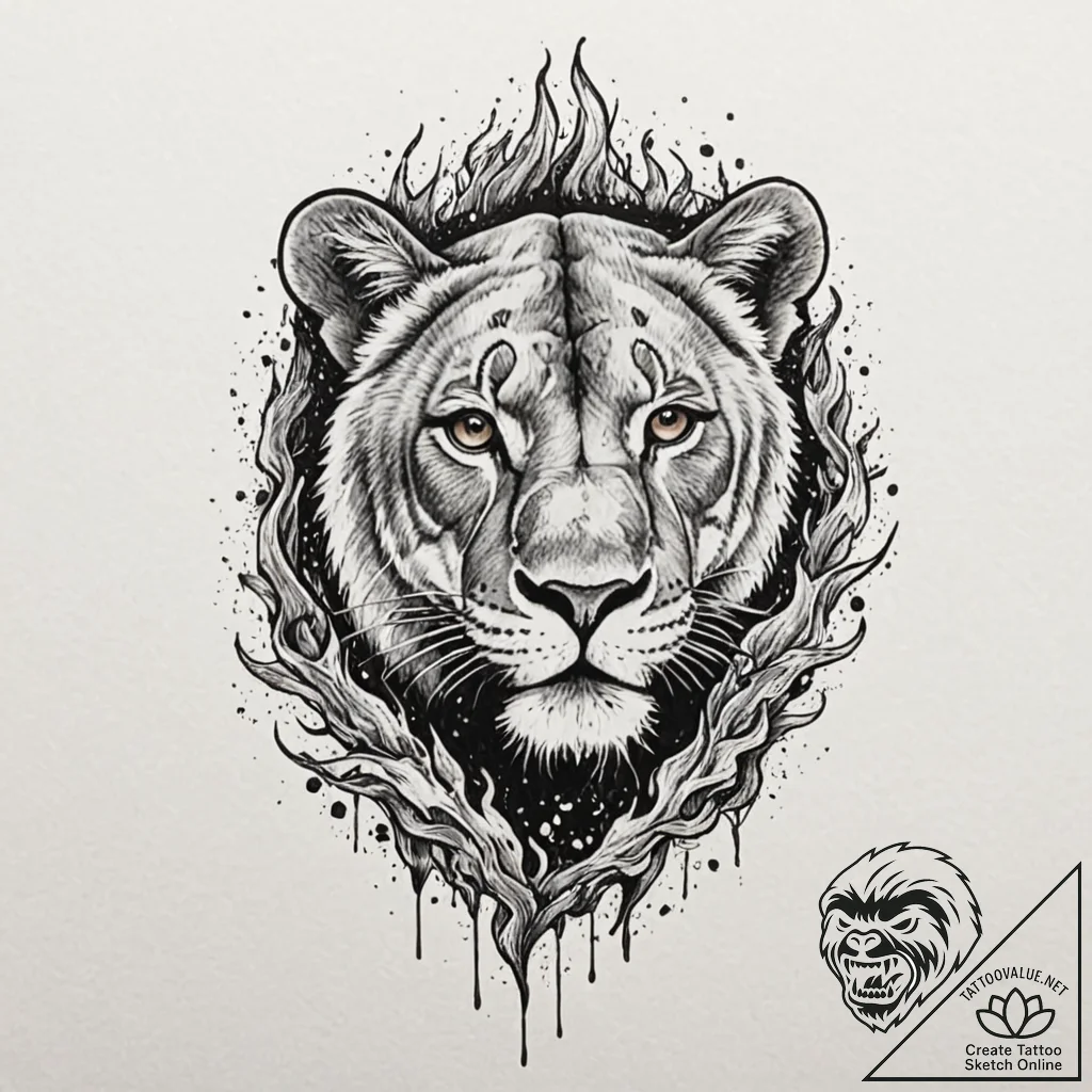 Lioness stalking through flames, ink illustra... - tattoo sketch (№1753218752_0, 22.07.2025 21:12) — tattoovalue.net