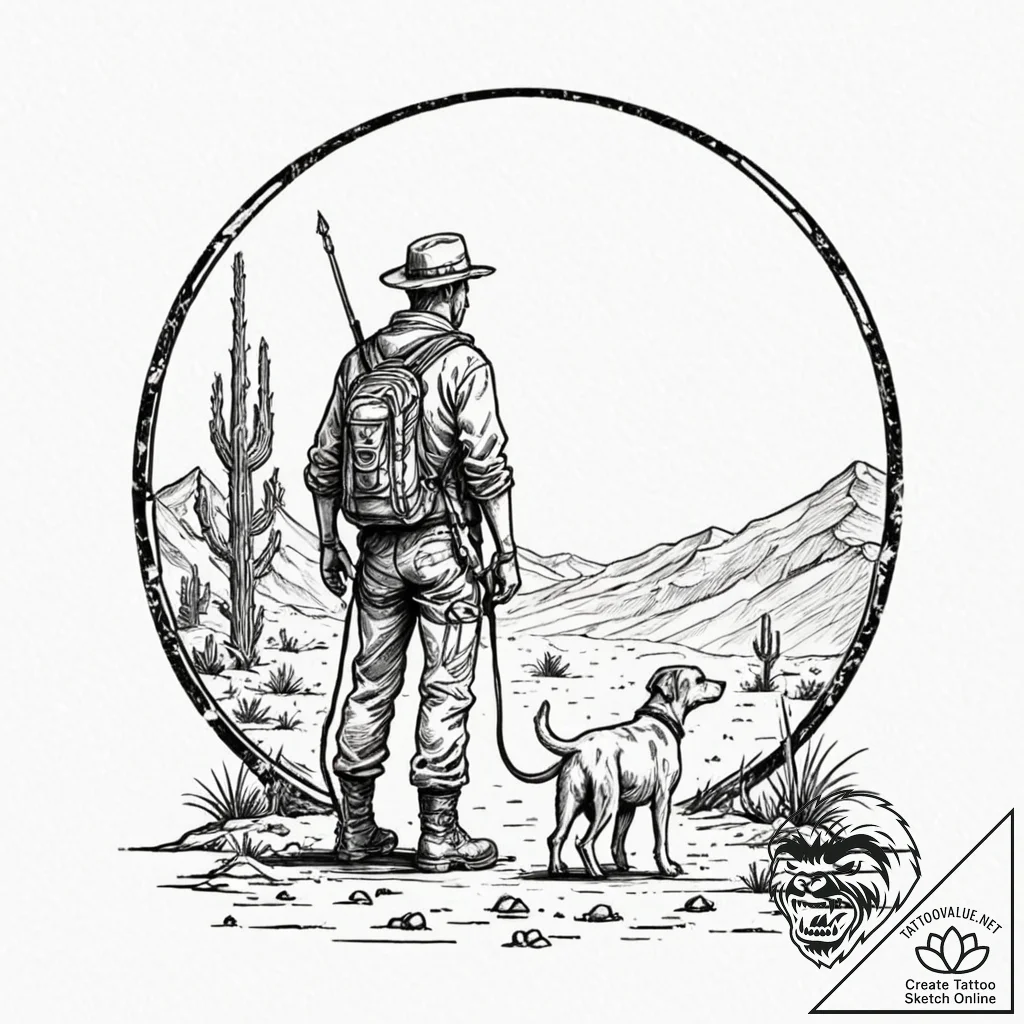 Lone wanderer in a post-apocalyptic desert, w... - tattoo sketch (№1753219078_0, 22.07.2025 21:17) — tattoovalue.net