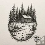 Log cabin in a pine forest, tattoo sketch des… – tattoo sketch (№1753219819_0, 22.07.2025 21:30) — tattoovalue.net