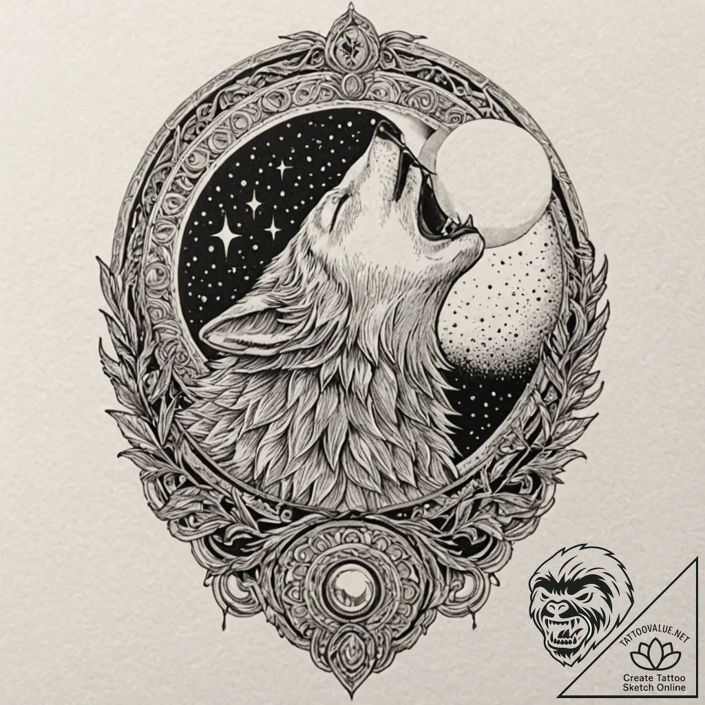 Lone wolf howling at a shattered moon, tattoo... - tattoo sketch (№1753219917_0, 22.07.2025 21:31) — tattoovalue.net