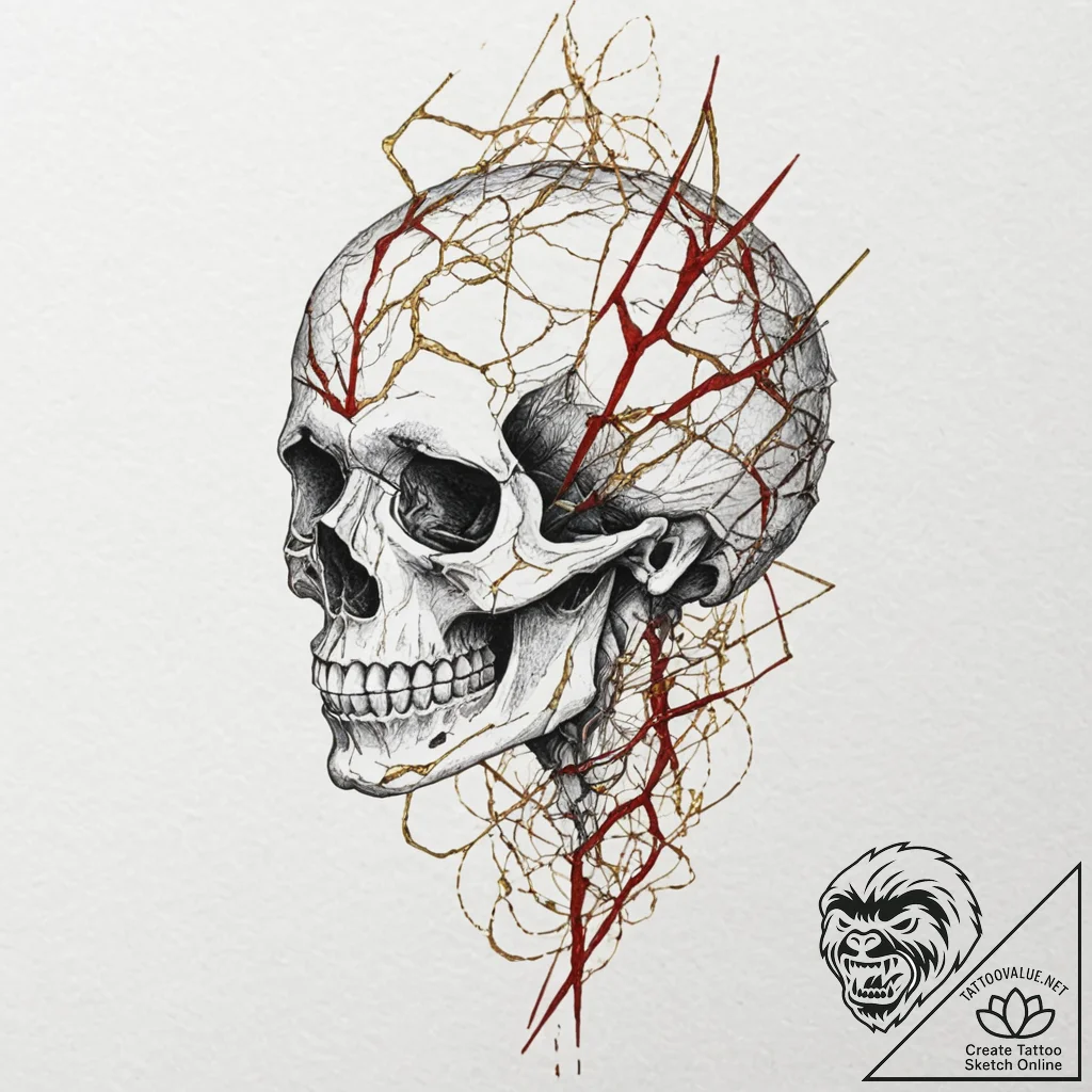 Fractured skull pieced together with gold (ki... - tattoo sketch (№1753220823_0, 22.07.2025 21:47) — tattoovalue.net