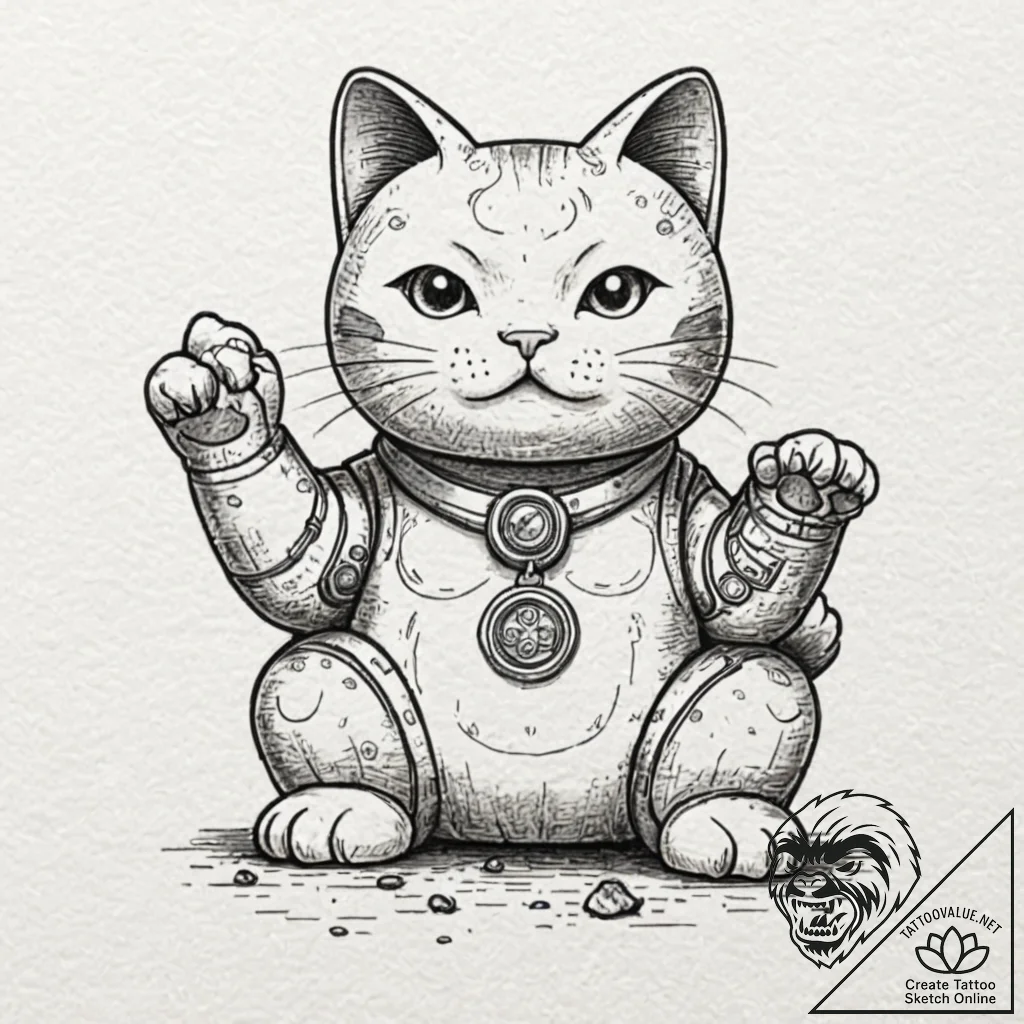 Maneki-neko (lucky cat) with a robotic, wavin... - tattoo sketch (№1753221275_0, 22.07.2025 21:54) — tattoovalue.net