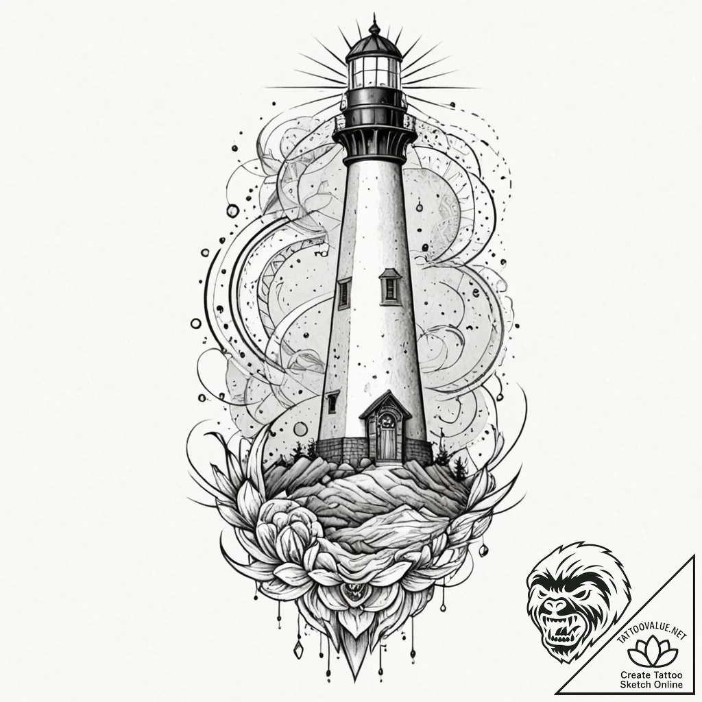 Lighthouse crumbling in spectral storm, conce... - tattoo sketch (№1753222729_0, 22.07.2025 22:18) — tattoovalue.net