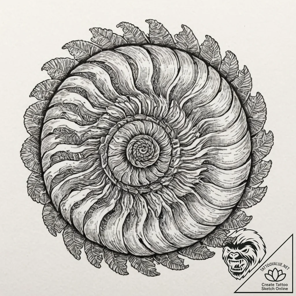 Ammonite fossil unfurling into a complex, mec... - tattoo sketch (№1753223151_0, 22.07.2025 22:25) — tattoovalue.net