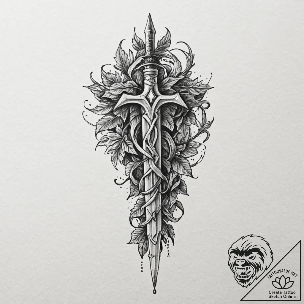 Rune dagger crowned in ivy, ink illustration... - tattoo sketch (№1753223490_0, 22.07.2025 22:31) — tattoovalue.net