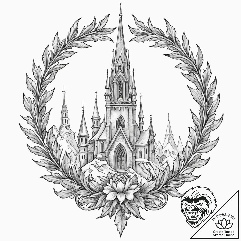 Thorned wreath beneath frozen spire, artistic... - tattoo sketch (№1753223659_0, 22.07.2025 22:34) — tattoovalue.net