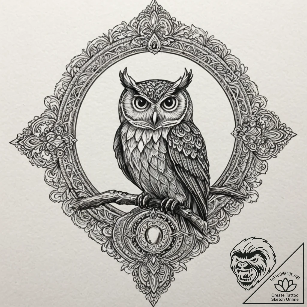 Night owl beneath spectral arch, tattoo line... - tattoo sketch (№1753224167_0, 22.07.2025 22:42) — tattoovalue.net