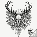 Abyssal stag standing in shadows, ink illustr… – tattoo sketch (№1753224253_0, 22.07.2025 22:44) — tattoovalue.net