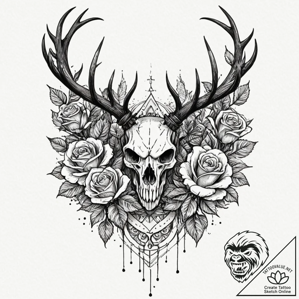 Abyssal stag standing in shadows, ink illustr... - tattoo sketch (№1753224253_0, 22.07.2025 22:44) — tattoovalue.net